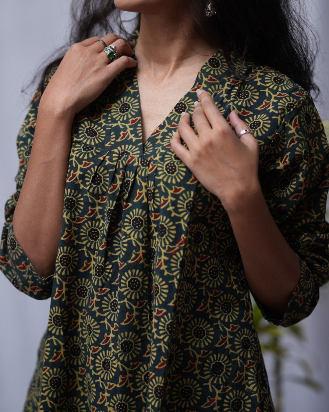 ajrakh cotton green aline kurta    