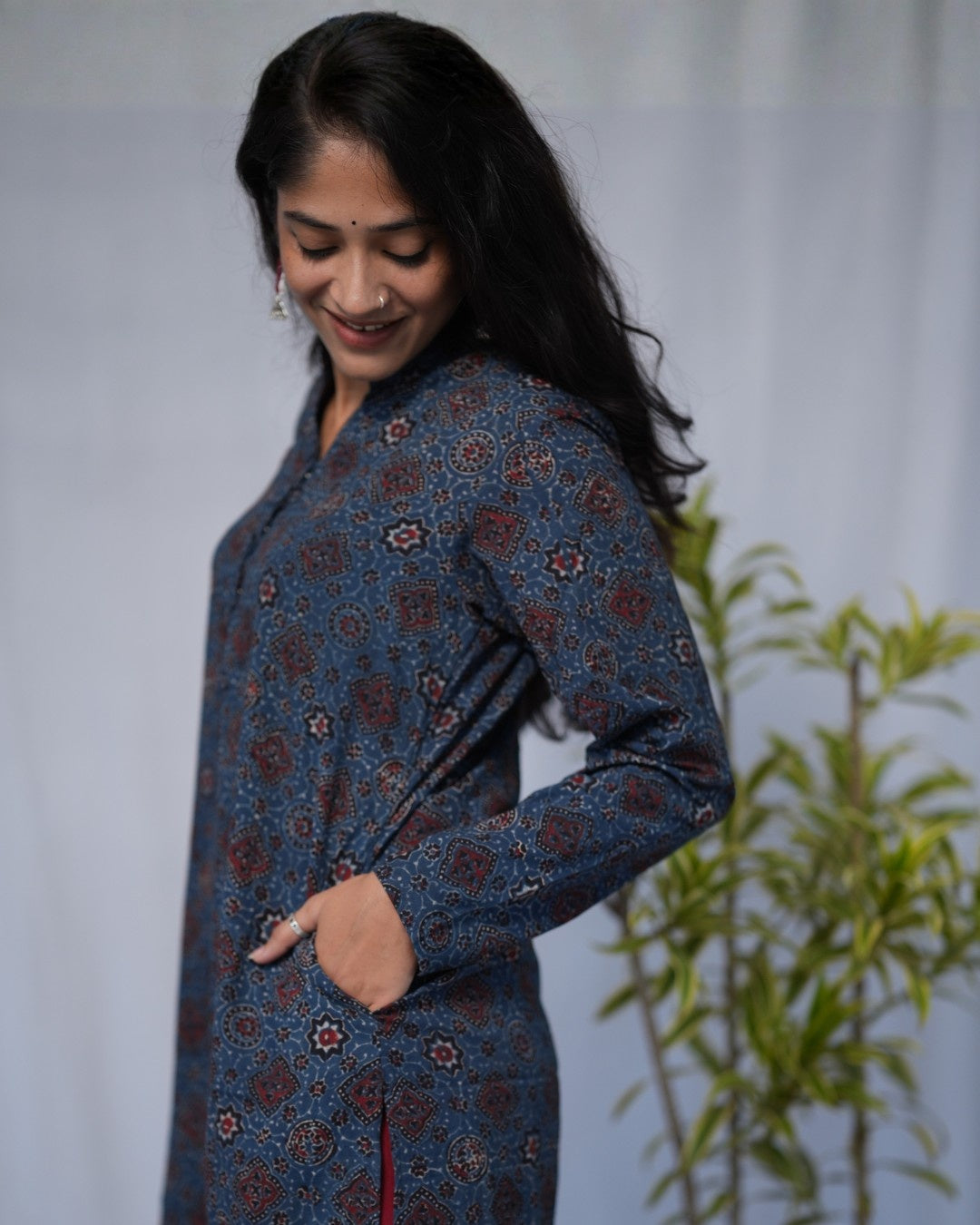 ajrakh cotton blue straight kurta    