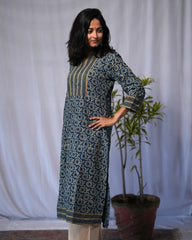 Eshana Ajrakh Cotton Blue Straight Kurta