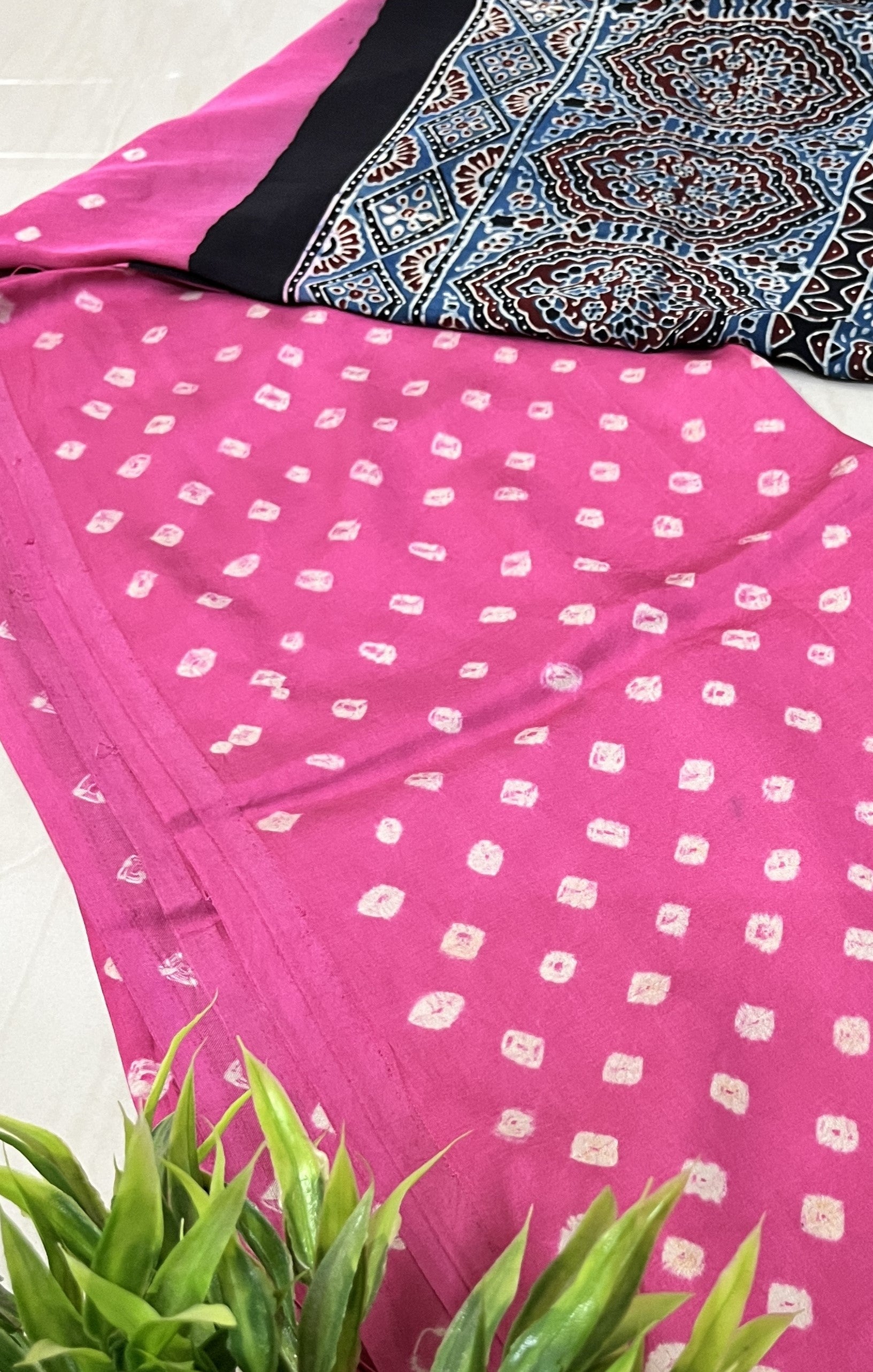 bandhani ajrakh pink and blue modal silk dupatta