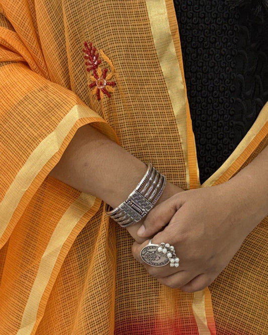 Lucknowi Chikankari Yellow Red Kota Silk Dupatta