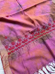 Lucknowi Chikankari Tie-Dye Pink Chanderi Silk Dupatta