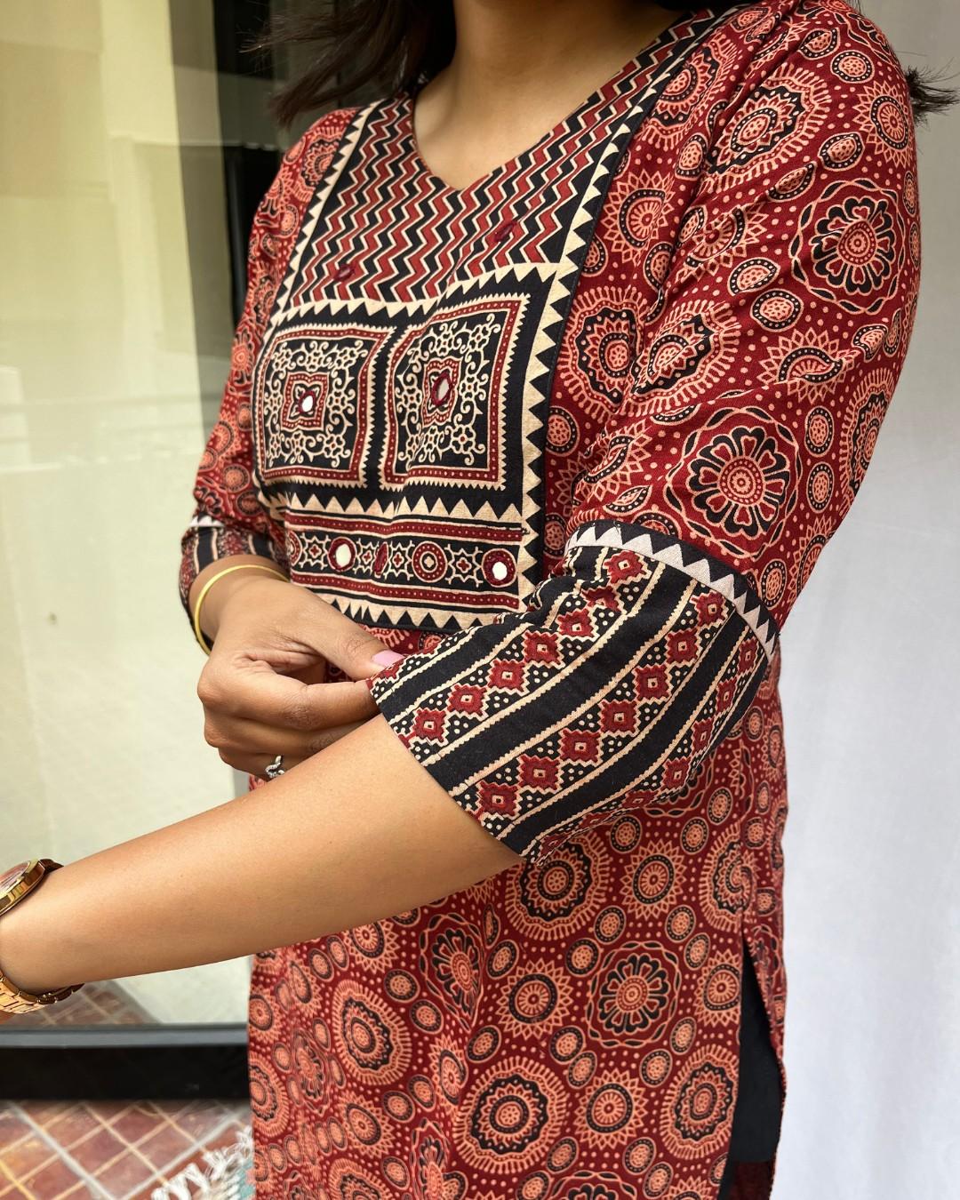 maroon ajrakh cotton straight kurta    