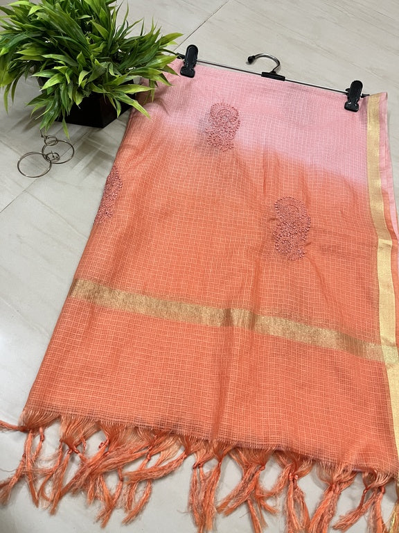 lucknowi chikankari ombre pink and orange kota silk dupatta