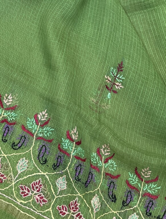 kashmir sozni embroidery green kota silk dupatta