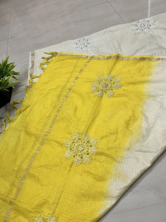 Lucknowi Chikankari Ombre Cream and Yellow Kota Silk Dupatta