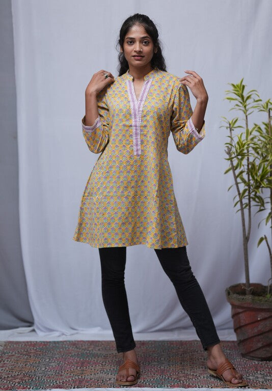 Bhumi Sanganeri Cotton Yellow A-line Top