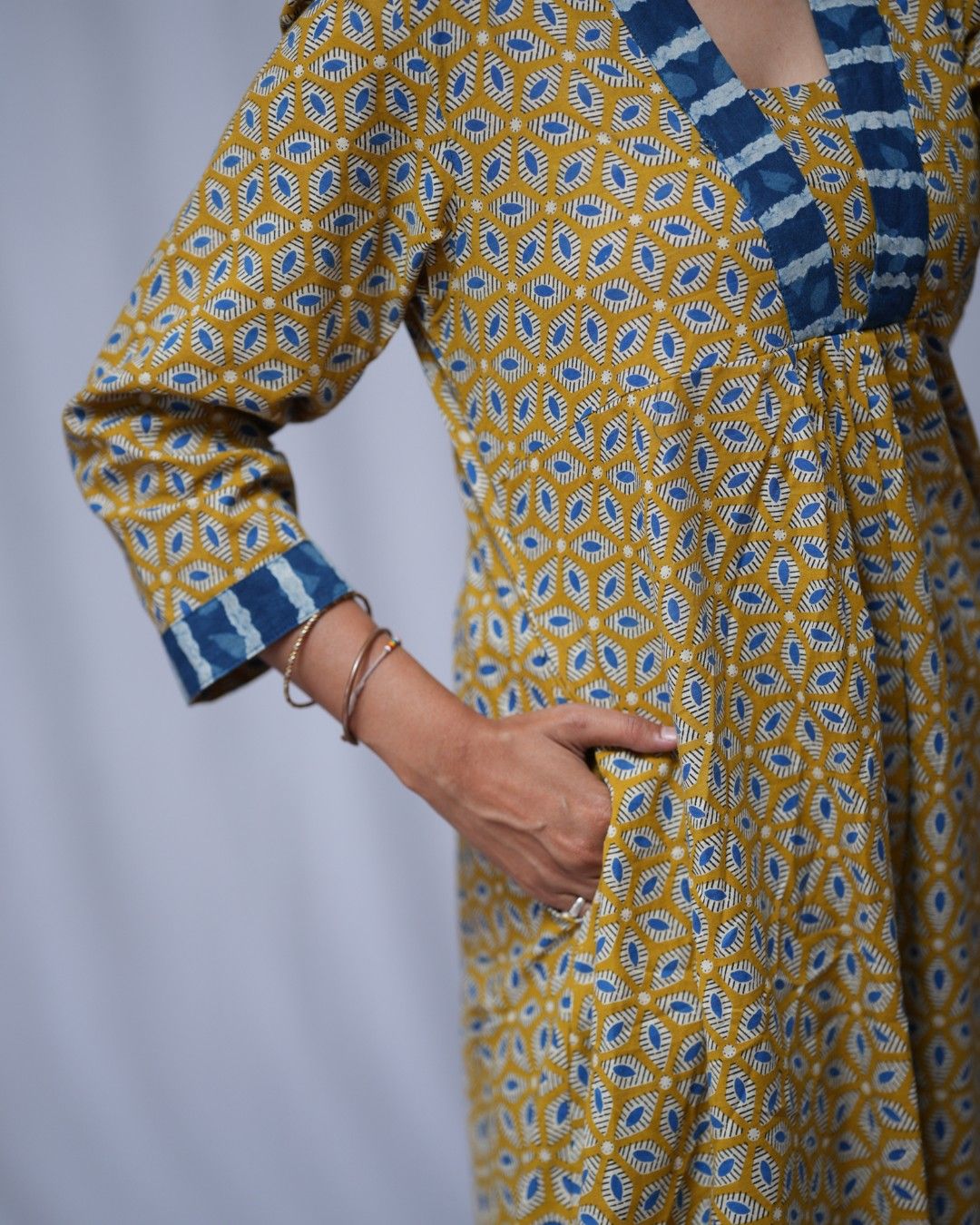 bagru cotton yellow aline kurta    