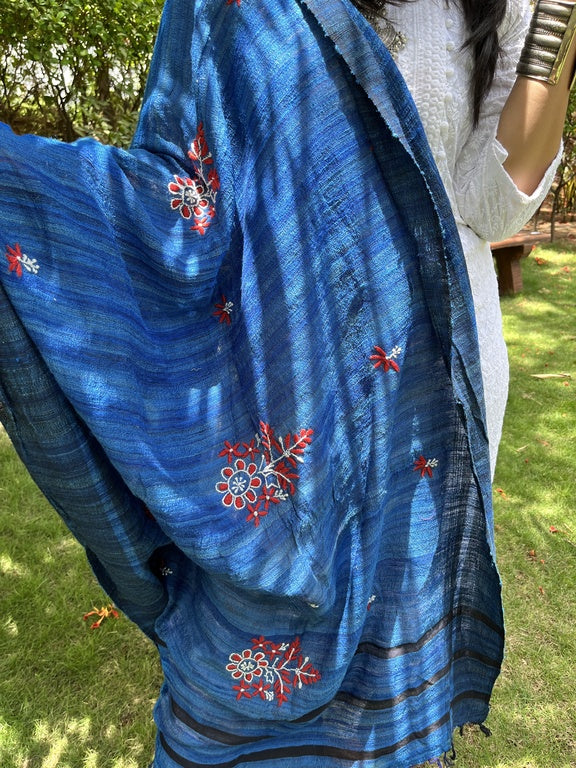 lucknowi chikankari blue tussar silk dupatta