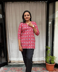 Devki Red Cotton Short Top Kurti