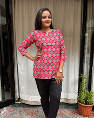 Devki Red Cotton Short Top Kurti