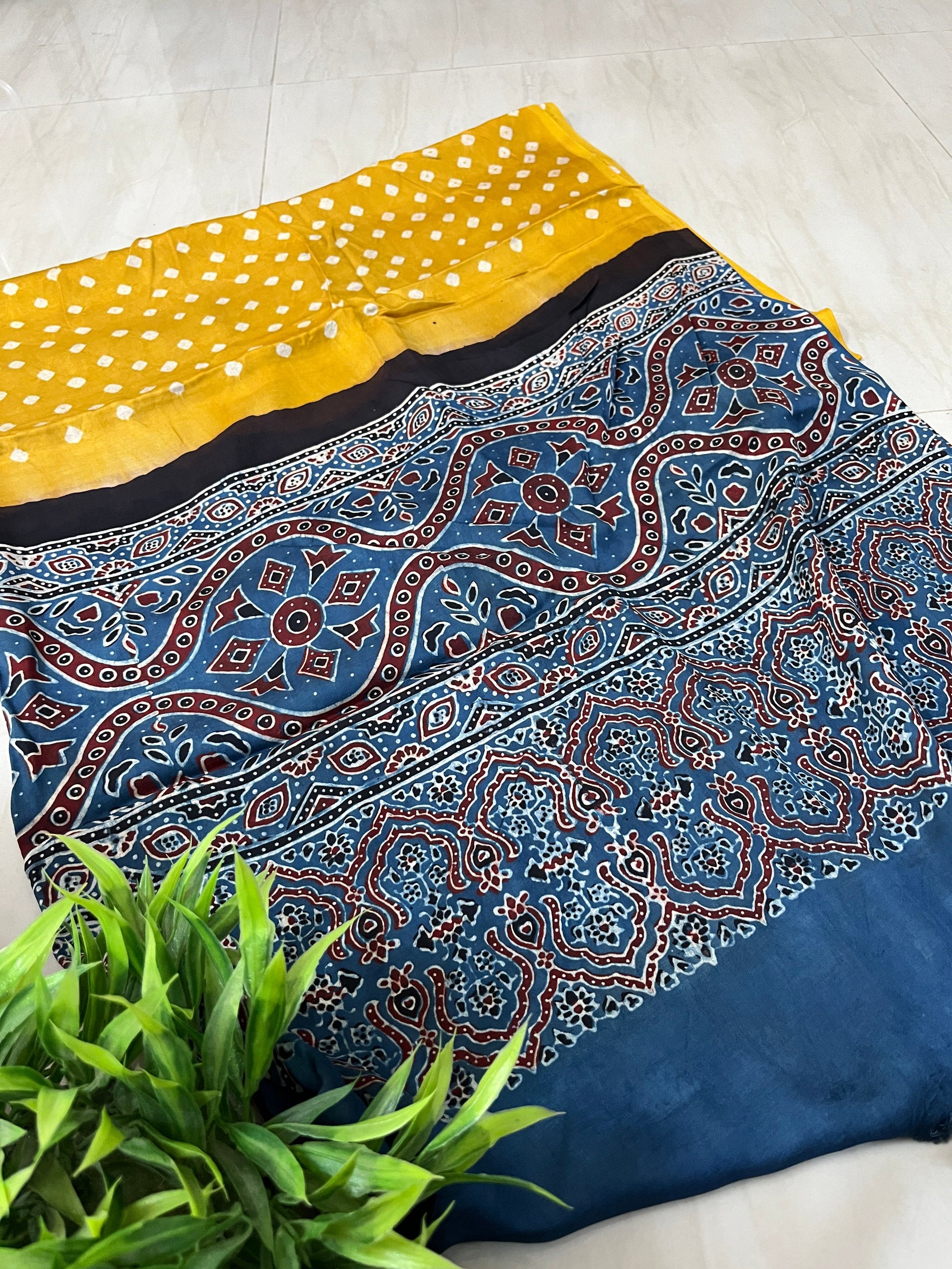 bandhani ajrakh yellow and blue modal silk dupatta