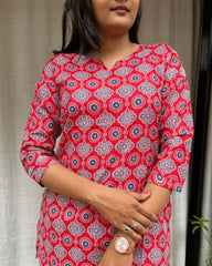 Devki Red Cotton Short Top Kurti