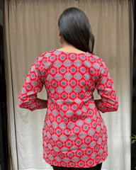Devki Red Cotton Short Top Kurti