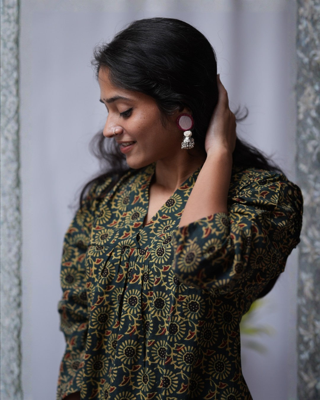 ajrakh cotton green aline kurta    