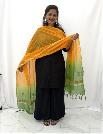 Lucknowi Chikankari Yellow Green Kota Silk Dupatta
