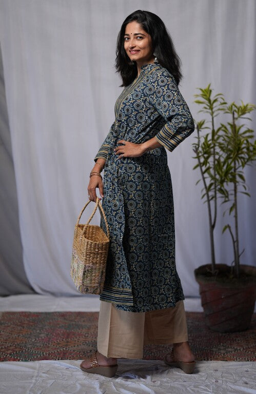 Eshana Ajrakh Cotton Blue Straight Kurta