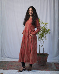 Trisha Bagru Cotton Red Chudi Sleeves Kali Kurta