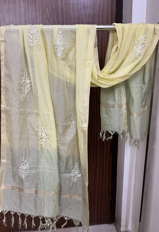 lucknowi chikankari ombre yellow kota silk dupatta