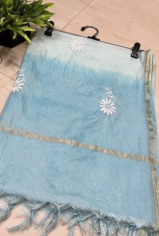 lucknowi chikankari ombre blue kota dupatta