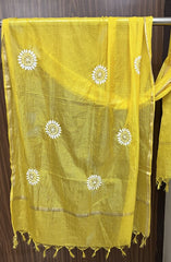 Lucknowi Chikankari Yellow Kota Silk Dupatta