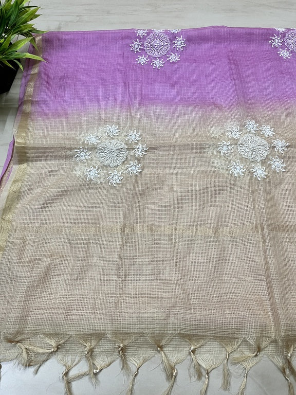 lucknowi chikankari purple and cream kota silk dupatta