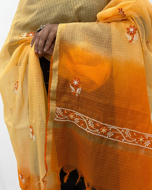 Lucknowi Chikankari Cream Orange Kota Silk Dupatta