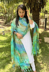 Lucknowi Chikankari Green and Blue Tie-Dye Kota Silk Dupatta