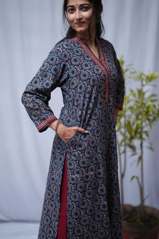 Dipa Ajrakh Cotton Blue Straight Kurta