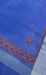 Kashmir Sozni Embroidery Blue Cotton Linen Dupatta