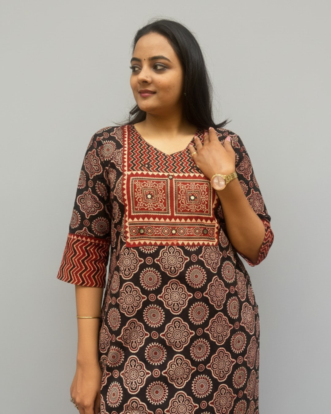 black ajrakh cotton straight kurta    