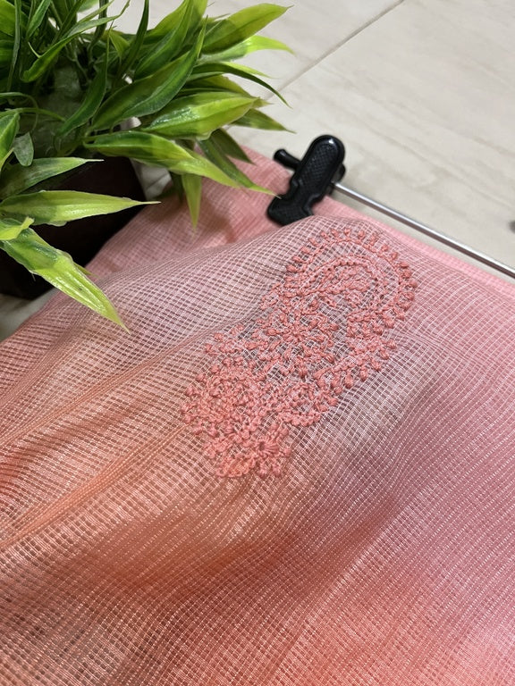 lucknowi chikankari ombre pink and orange kota silk dupatta