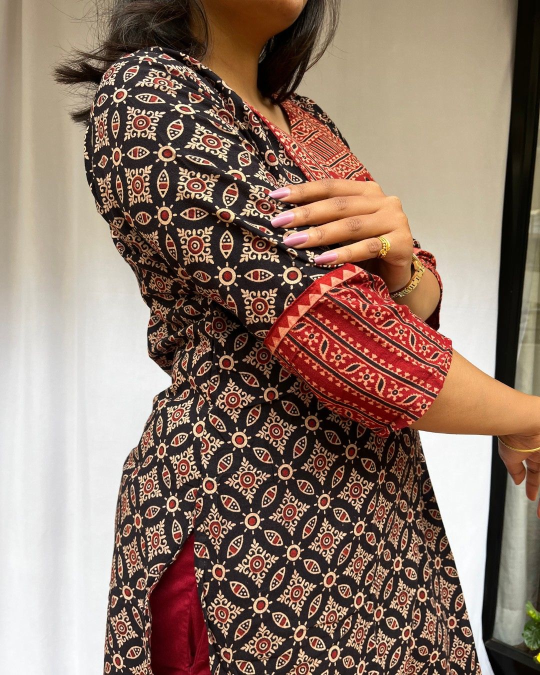black ajrakh cotton straight kurta    