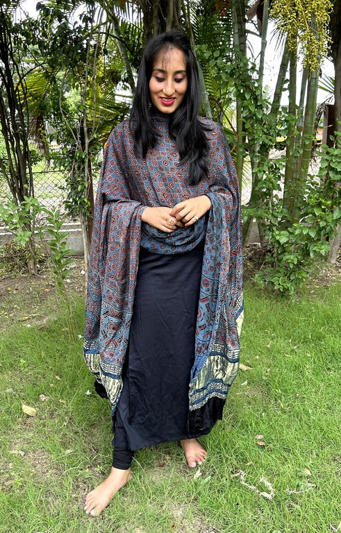 ajrakh blue and red modal silk lagdi patta dupatta