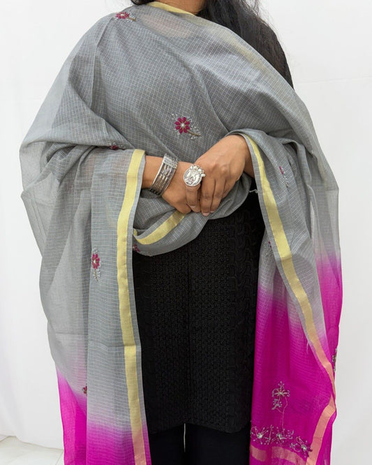 Lucknowi Chikankari Purple Grey Kota Silk Dupatta