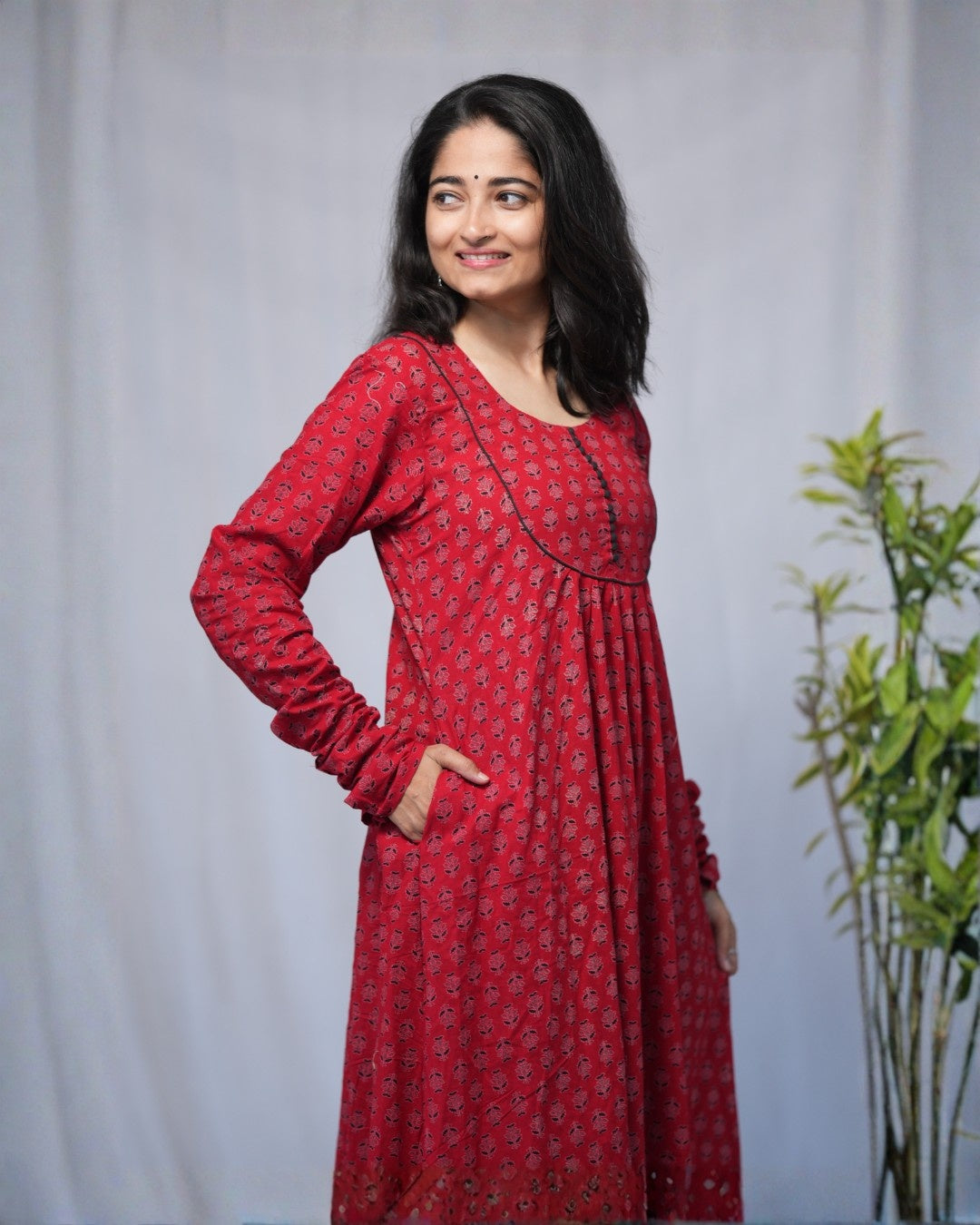 cotton red chudi sleeves aline kurta   