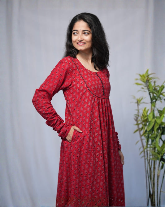 cotton red chudi sleeves aline kurta   