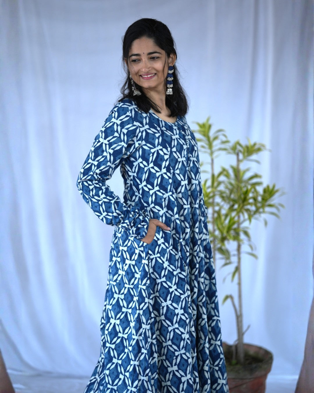 indigo cotton chudi sleeves kali kurta   