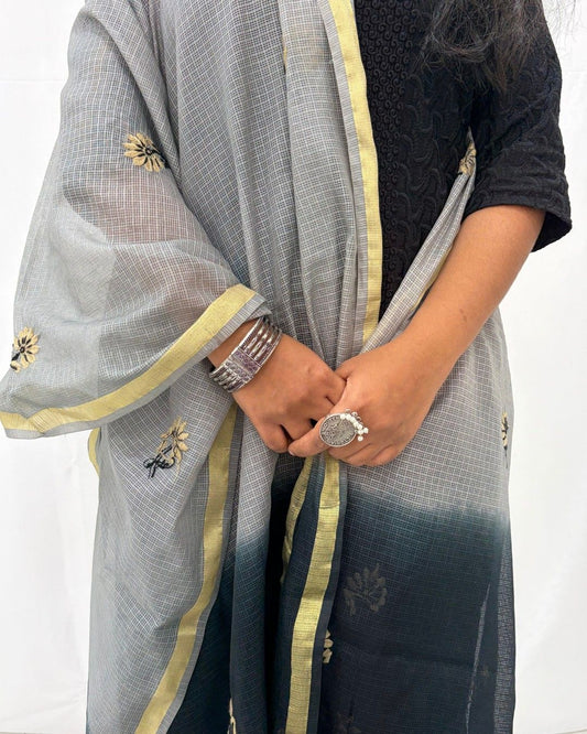 Lucknowi Chikankari Grey Black Kota Silk Dupatta