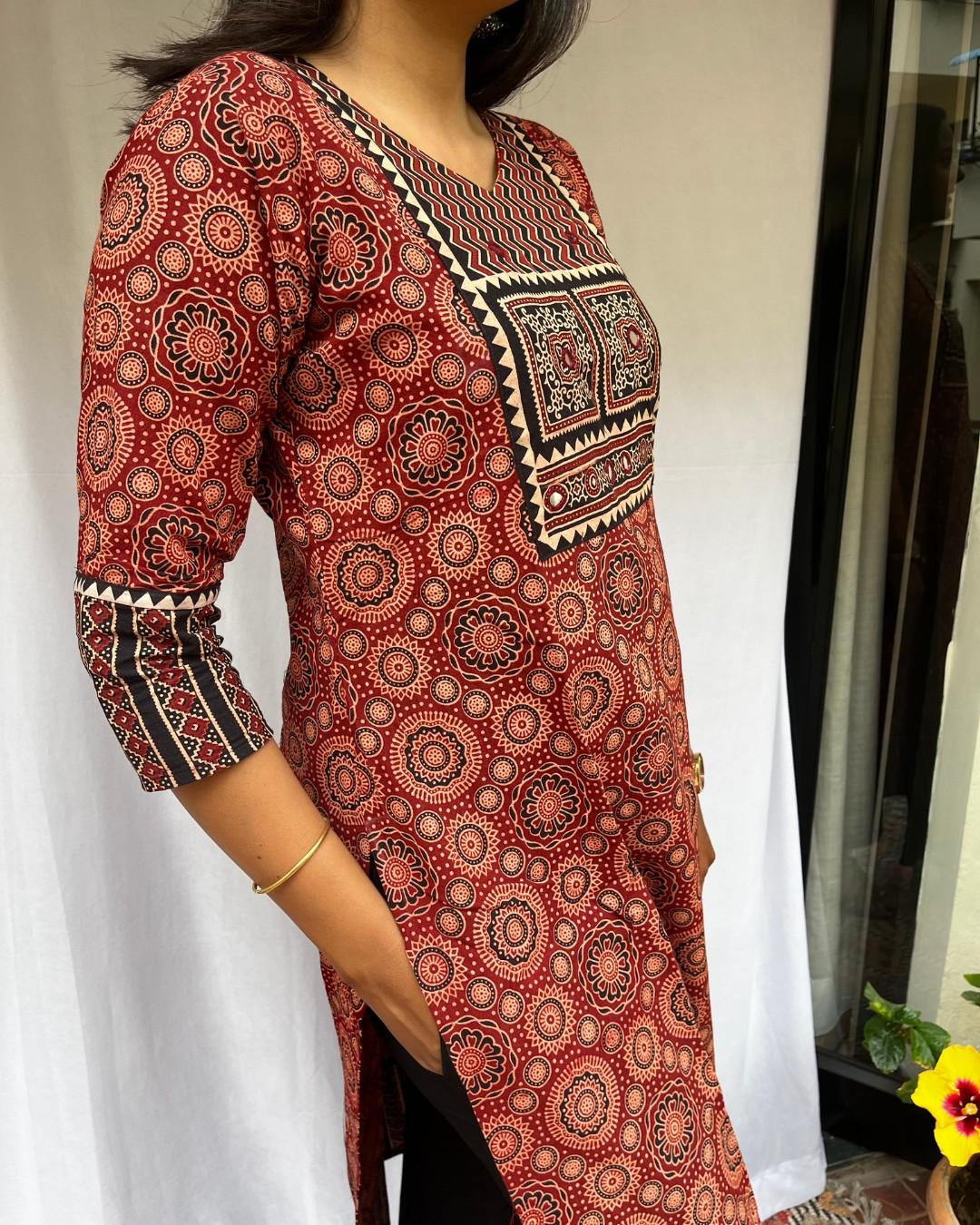 maroon ajrakh cotton straight kurta    