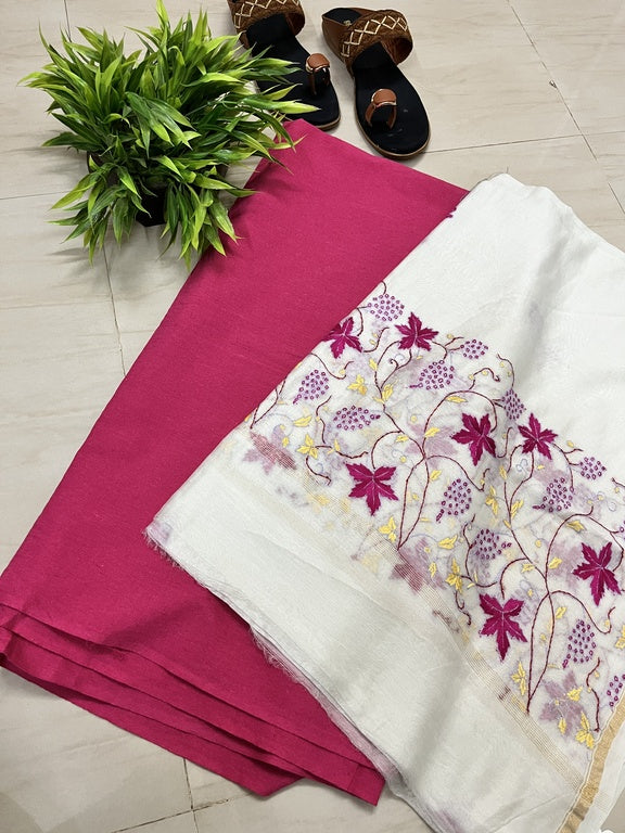 kashmir sozni embroidery white and pink chanderi silk dupatta