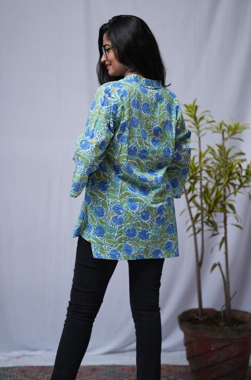Archi Bagru Cotton Blue A-line Short Top