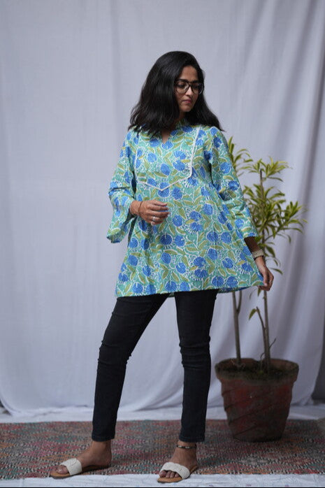 Archi Bagru Cotton Blue A-line Short Top