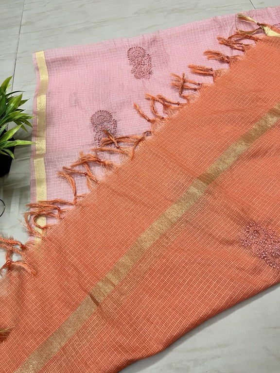 lucknowi chikankari ombre pink and orange kota silk dupatta