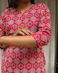 Devki Red Cotton Short Top Kurti