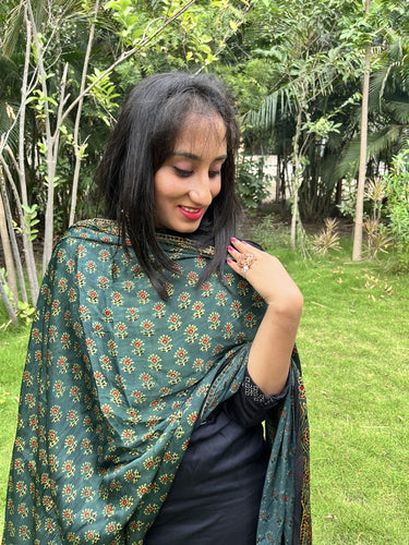 Ajrakh Green Modal Silk Lagdi Patta Dupatta