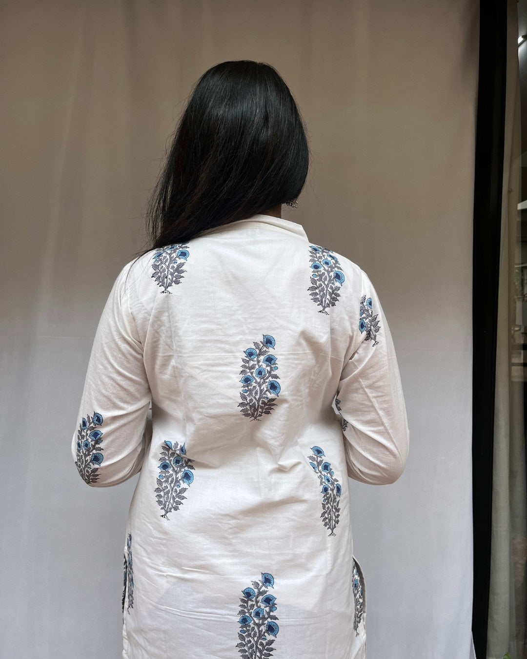 handblock blue butta cotton straight kurta   