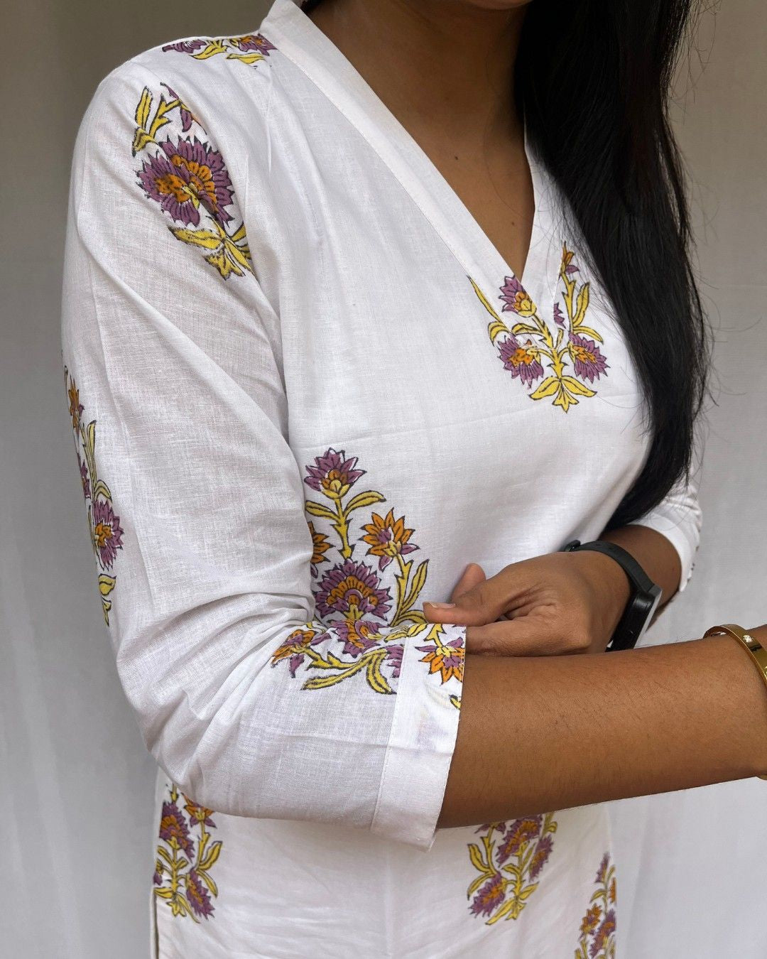 handblock yellow butta cotton straight kurta   