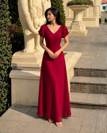 Wine Red Puff Sleeve A-Line Gown for Women