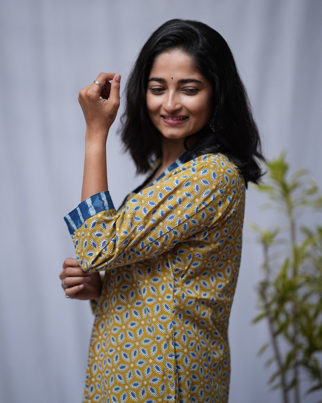 bagru cotton yellow aline kurta    
